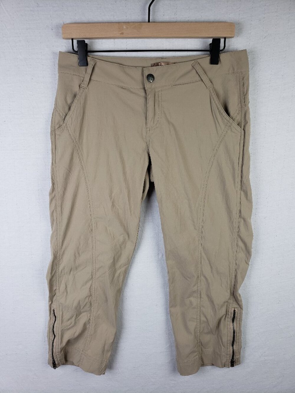 Prana Hiking Pants Cropped Outdoor Beige Nylon Outerwear Zip Ankle Capri size 6